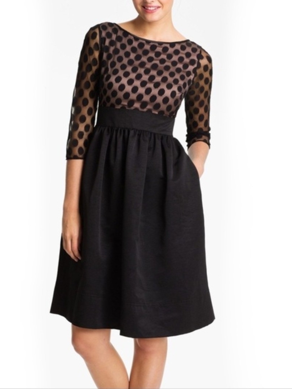 Eliza J Polka Dot Mesh Illusion Bodice Fit & Flare Dress Cocktail Size 10